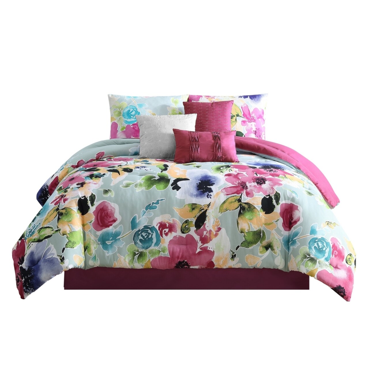 Saltoro Sherpi 7 Piece Queen Comforter Set with Floral Print, Multicolor